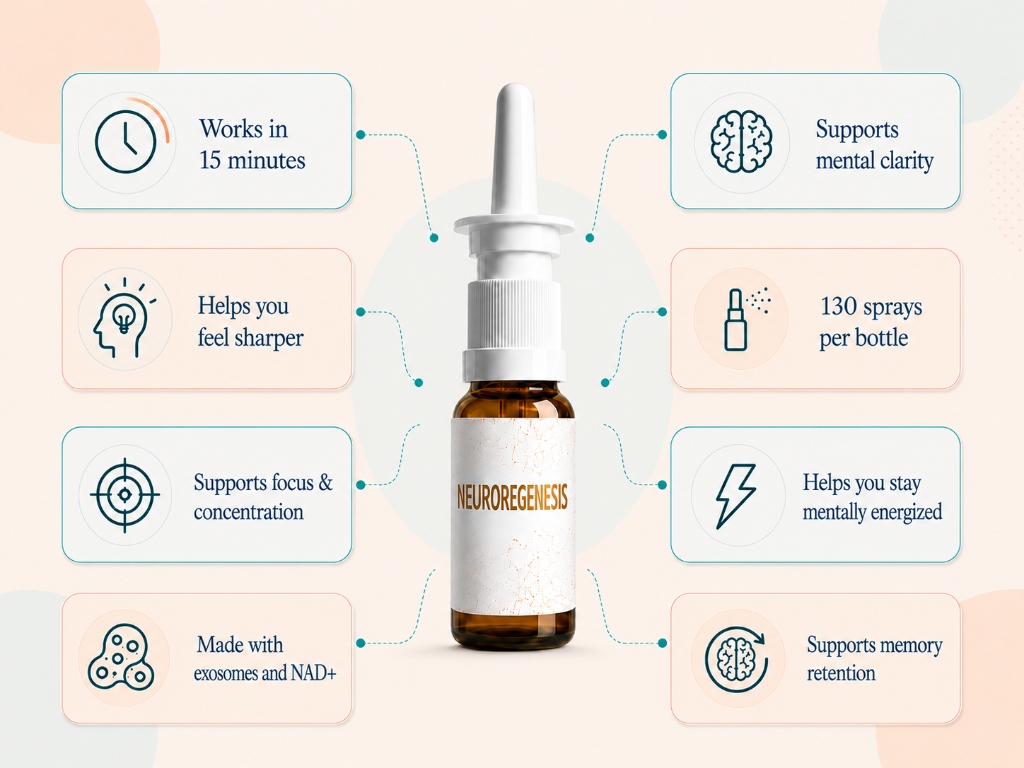 Neuroregenesis Spray benefits including works in 15 minutes, targeted delivery, 10x faster delivery, 130 sprays per bottle, bypasses digestive system, no fillers or binders, precise metered dosing, and travel-friendly size.